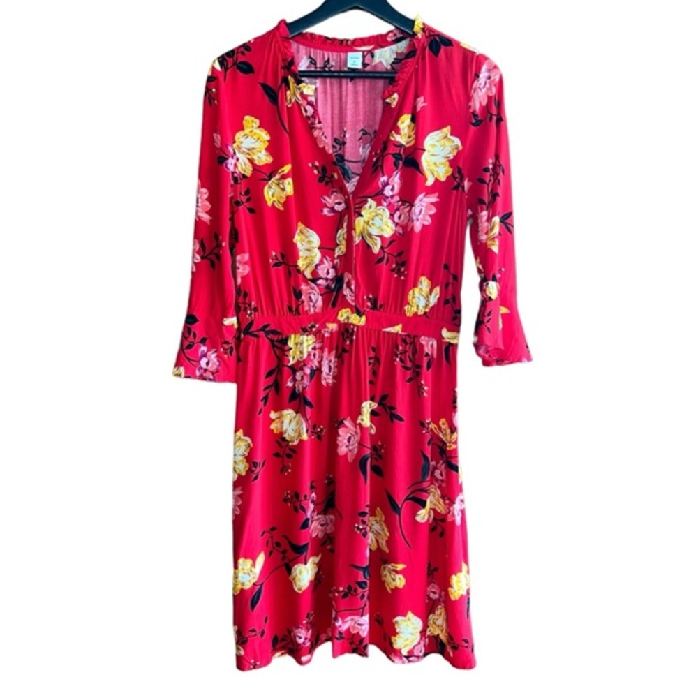 Old Navy‎ Floral Midi Dress Sz M Red Blouson Bell Sleeve VNeck Lightweight
